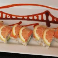 49ers · Imitation crab, avocado, topped salmon, and lemon sliced.