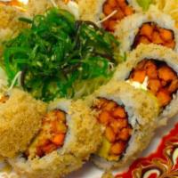 Veggie  (VG) · Vegetarian. Fried sweet potatoes, cream cheese, avocado topped crispy tempura bits. Served w...