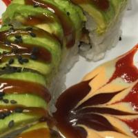 Caterpillar Roll · Shrimp tempura and cucumber topped avocado.