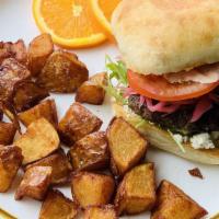 Lokma Burger · Combination of beef and lamb, feta, tomatoes, pickled onions, house sauce & crispy potatoes ...