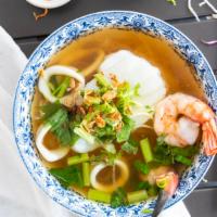 #28. Combination Seafood Noodle Soup · Gluten-free. Chilean sea bass or salmon, jumbo prawn, jumbo Alaskan snow crab claw and wild ...