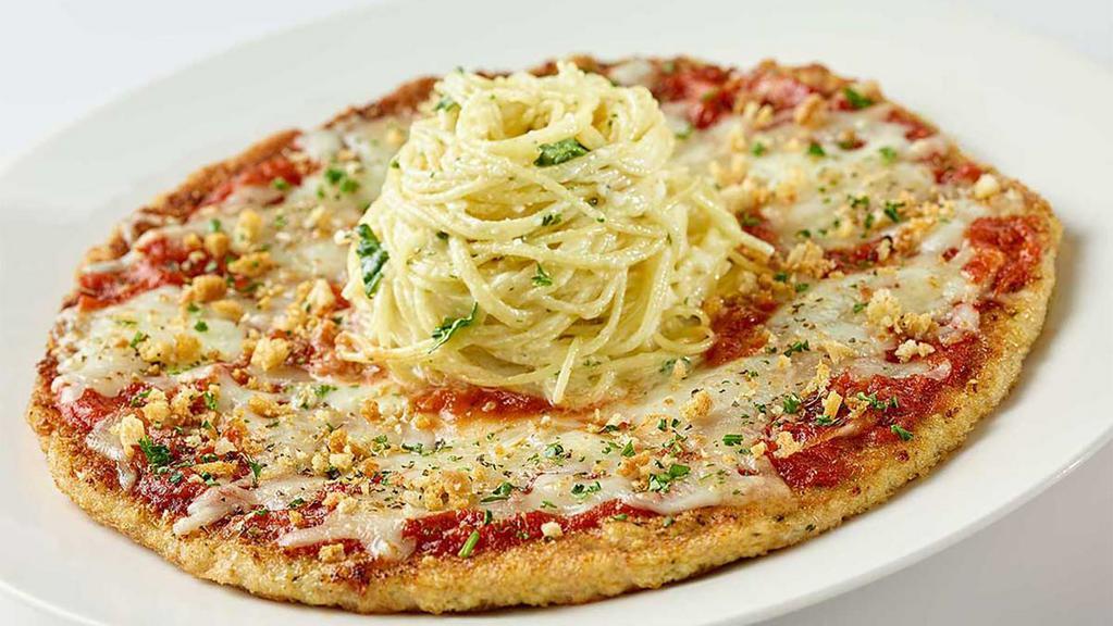 Chicken Parmesan “Pizza Style” · Chopped Chicken Breast Coated with Breadcrumbs, Covered with Marinara Sauce and Lots of Melted Cheese. Topped with Angel Hair Pasta in an Alfredo Cream Sauce