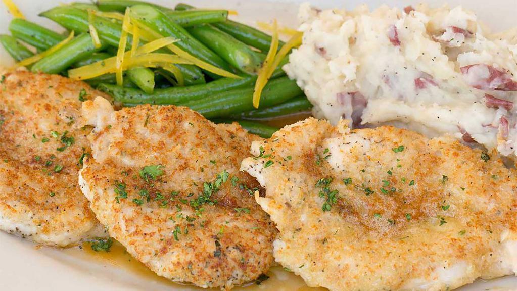 Parmesan-Herb Crusted Chicken · Sauteed Chicken Breasts Coated with Parmesan-Garlic Breadcrumbs and Herbs. Served with Mashed Potatoes and Green Bean
