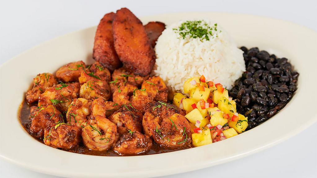 Jamaican Black Pepper Chicken And Shrimp · Sauteed Shrimp with a Very Spicy Jamaican Black Pepper Sauce. Served with Rice, Black Beans, Plantains and Marinated Pineapple