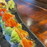 Dragon Roll · Eel and Avocado on top with shrimp tempura inside