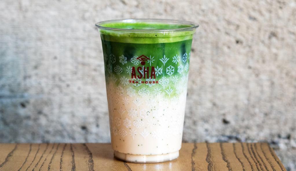Matcha Latte · A hand whisked double shot of ceremonial grade matcha poured over whole milk. Lightly sweetened.
