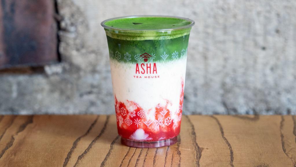 Strawberry Matcha Latte · Our signature Matcha Latte flavored with a juicy, sweet, and slightly acidic house-made strawberry puree. Lightly sweetened by default.