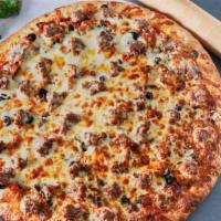 #2 Omnivore Delight · Black olives, Fresh mushrooms, Italian sausage, Pepperoni, Salami, Based. with RED SAUCE and...