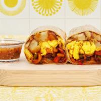 Fajita Veggie Breakfast Burrito · Two scrambled eggs, sauteed peppers and onions, hash browns, and melted cheese wrapped in a ...