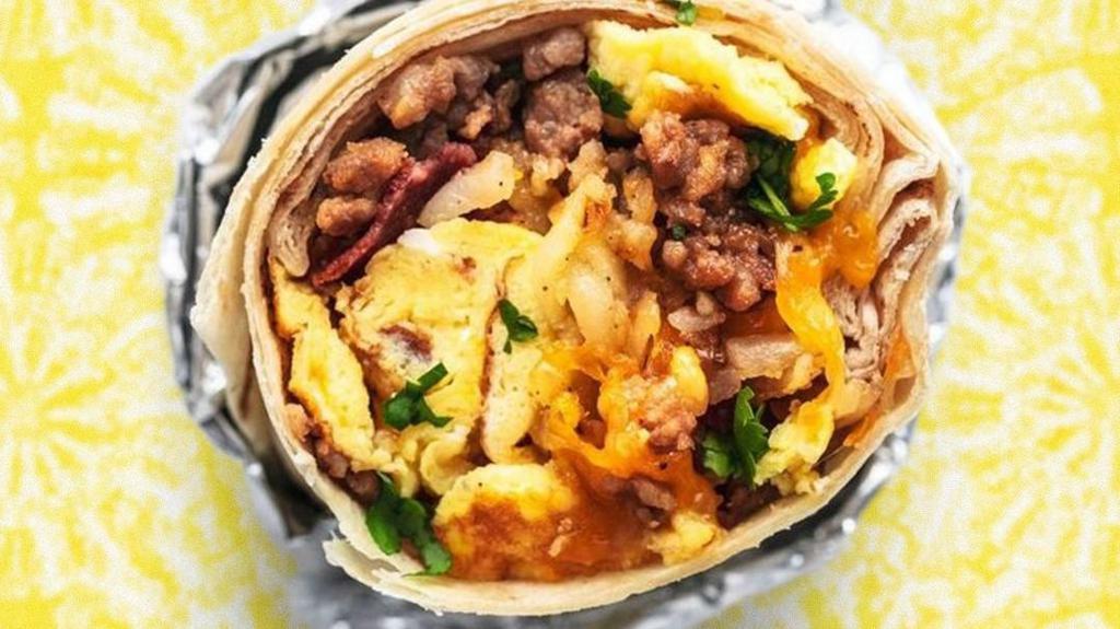 Turkey Sausage Breakfast Burrito · Two scrambled eggs, turkey sausage, tater tots, and melted cheese wrapped in a fresh flour tortilla.