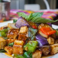 Pad Makuer  · Sautéed Thai chili, eggplant, tofu, onion, bell pepper, and basil in chili jam.