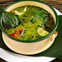 Kang Kiew Wan Gai · Chicken, Thai eggplant, basil, bell pepper, and finger root in Pintoh's famous green curry.