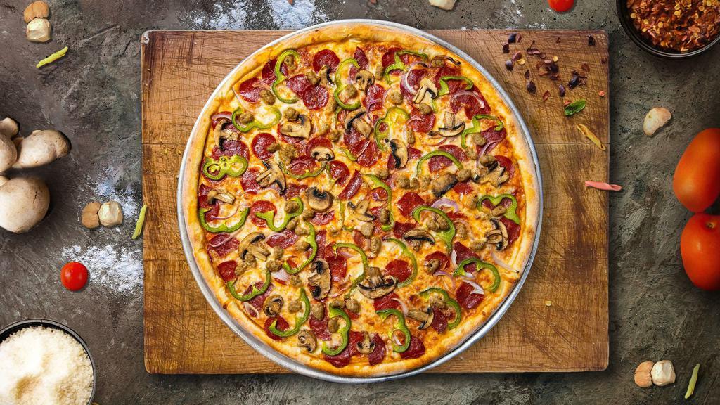 Next Supreme Pizza · Canadian bacon, pepperoni, Italian sausage, mushrooms, green peppers, black olives, and red onion.
