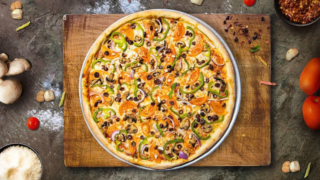 Go Go Gourmet Veggie Pizza · Mushrooms, tomatoes, green peppers, black olives, onions, zucchini, sundried tomatoes, artichoke hearts, and Feta cheese.