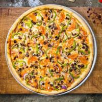 California Street Veggie Pizza · Creamy garlic sauce, fresh mushrooms, green peppers, onions, black olives, zucchini, fresh t...