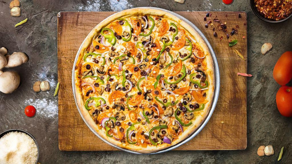 California Street Veggie Pizza · Creamy garlic sauce, fresh mushrooms, green peppers, onions, black olives, zucchini, fresh tomatoes, broccoli, cilantro, and Cajun seasoning.
