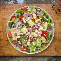 Great Greek Salad · Romaine lettuce, cucumbers, tomatoes, red onions, olives, and feta cheese tossed with balsam...