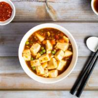 Spicy Ma Po Tofu · Tofu simmered and cooked in a spicy chili sauce.