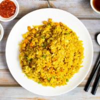 Curry Fried Rice W/ Soy Vegan Chicken · Vegan chicken cooked and stir fried with curry fried rice. Substitute brown rice for an addi...