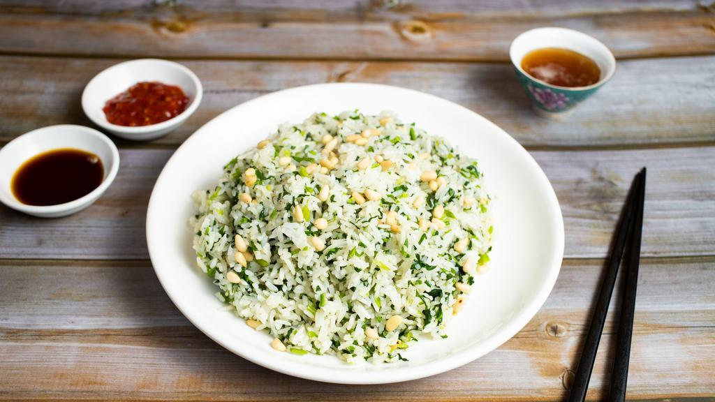 Spinach & Pine Nuts Fried Rice · Quick stir fried steamed white rice with pine nuts and spinach. Gluten free. Substitute brown rice for an additional charge.
