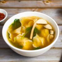 Wonton Soup · Ground veggie wonton, cooked in a vegetable broth and vegetables & mushroom.