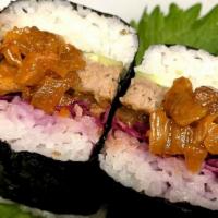 KBJ Beef Musubi · Kimchee Bacon Jam, Beef Patty, Pickled Cabbage, Cucumber between rice, wrapped in seaweed. 1...