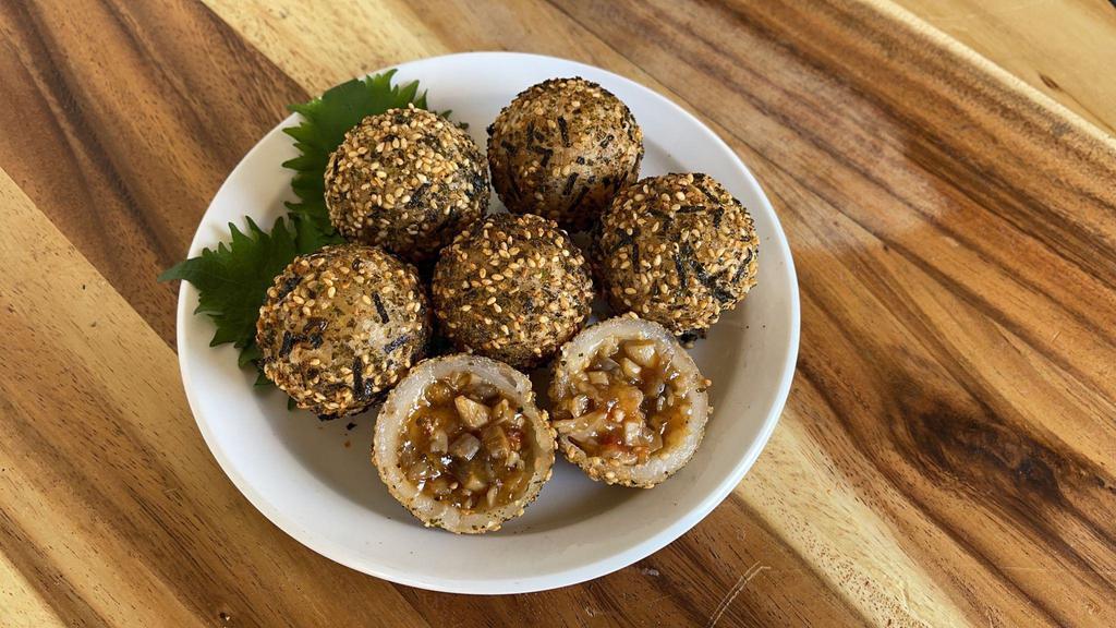 Crispy Mushroom Puff (6 pieces)  · Deep fried Mochi Ball, Medley of Mushroom (King, Oyster, Button, Tea Tree Mushroom) in a Sweet Chili Sauce Inside, Covered with Sesame Seeds and Seaweed Bits. 6 pieces.