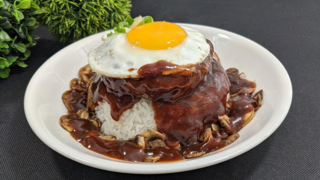 Loco Moco · Beef and Pork Blend Patty, Sunny Side Egg, Grilled Mushrooms smothered in House Made Brown Gravy, White Rice