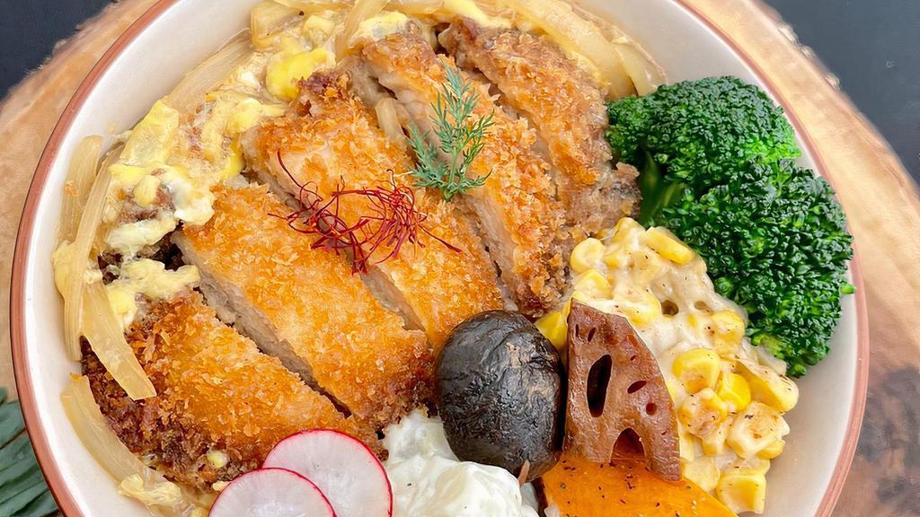 Chicken Katsudon · Golden fried chicken cutlet with savory-sweet onions cooked in dashi and eggs over white rice

All comes with Japanese Potato Salad, Edamame Corn Salad, Assortment of Vegetables (Shiitake Mushrooms, Sweet Potato, Broccoli) and White Rice