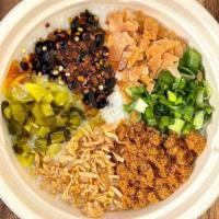Congee · Ultimate Comfort Food. Short Grain Rice Porridge, Tofu Skin. Toppings on Side: Pork Floss, C...