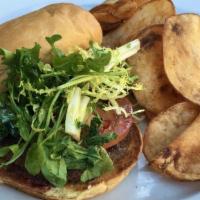 Fallon Hills Lamb Burger · Wild Arugula, Tomato, Feta, Rosemary Aioli, Brioche Bun, Potato Chips.