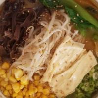 Vegetarian Miso Ramen · Vegetables broth and miso sauce topped with bean curd skin, green onion, shiitake mushroom, ...