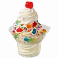 Rainbow Sundae · Vanilla Soft Serve with mini gummy bears and rainbow sprinkles with whip cream and cherry on...