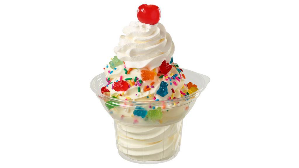 Rainbow Sundae · Vanilla Soft Serve with mini gummy bears and rainbow sprinkles with whip cream and cherry on the top