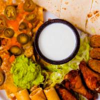 Celia’s Sampler · Quesadilla, nachos, chimichanguitas, hot wings and jalapeño poppers. Served with ranch dress...