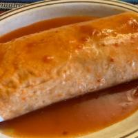 Rice, Beans & Cheese · Burritos contain rice, beans and cheese and are topped with red sauce.