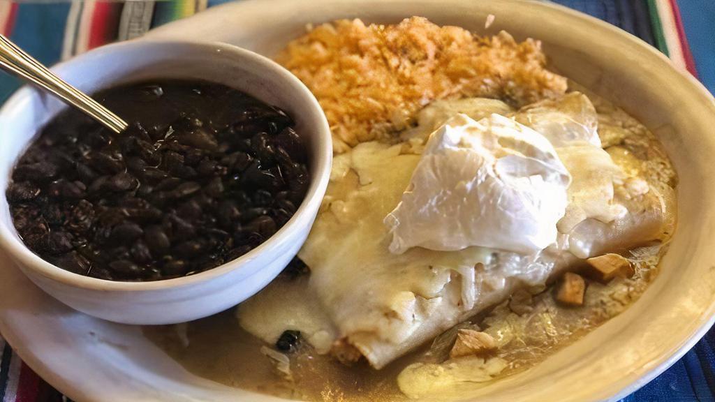 Enchilada Verde · Served with rice, beans or rice and beans. Enchilada verde is topped with sour cream.