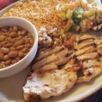 Grilled Chicken · 6.4 oz. chicken breast with rice, whole beans, pico de gallo, coleslaw and tortillas.
