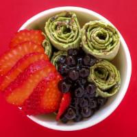 Matcha-Cha · Matcha tea, blueberry. Recommended toppings: Strawberry, Boba.