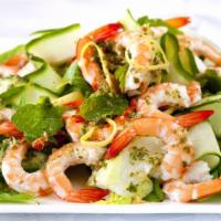 Shrimp Cucumber Salad · Hearty grilled shrimp on a bed of fresh and locally grown greens, tomatoes, cucumbers, green...