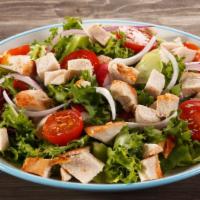 Chicken Parsley Salad · Hearty grilled chicken on a bed of chopped parsley, diced tomatoes, and green onions tossed ...