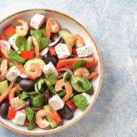 Shrimp Greek Salad · Shrimp, lettuce, tomatoes, cucumber, kalamata olives, and feta cheese served with balsamic d...