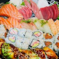 Combo B · 16 pcs assorted sashimi / 8 pcs sushi nigiri / California roll & spicy tuna roll/dragon roll...