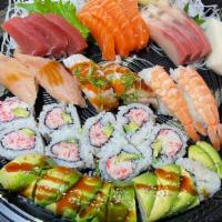 Combo A · 10 pcs assorted sashimi / 6 pcs sushi nigiri / California roll/dragon roll or caterpillar ro...