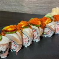 Volcano Roll · spicy California roll topped with seared albacore w/jalapeños and house sauce.