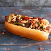 Loaded Dog · Signature hot dog smothered in cheese sauce, bacon, mixed grilled onion & peppers and spicy ...