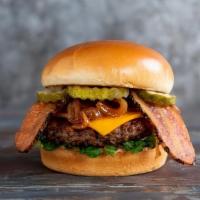 BBQ Bacon  · Grilled Impossible ™ patty , cheddar, bacon, pickles, caramelized onions, lettuce, BBQ sauce...