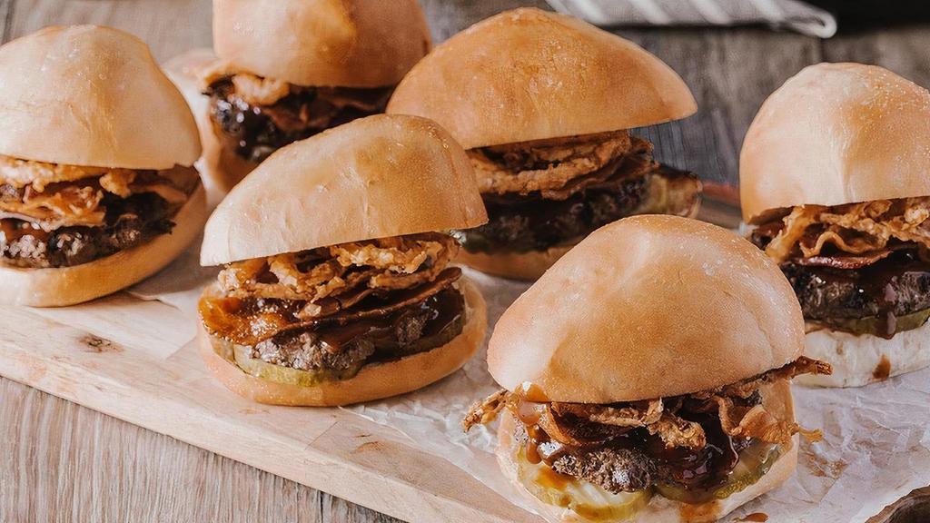 Bbq Bacon Roadies Sliders Party Pack · Pack of 6, crispy onions, sliced bacon bbq sauce, pickles.