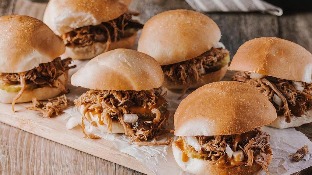 Pulled Pork Roadies Sliders Party Pack · Pack of 6, gold bbq sauce, pickles, chopped onion.