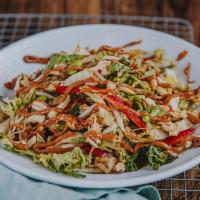 Soy Ginger · Napa cabbage, cucumber, red bell pepper, edamame,. sprouts, peanuts, cilantro, soy-ginger dr...
